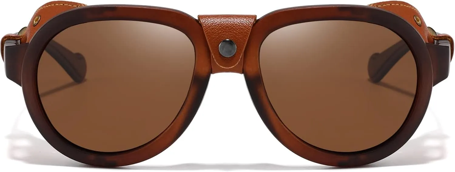 Retro Aviator Steampunk Polarized Sunglasses with Leather Side Shield Vintage Goggles Gothic Eyewear for Men Women