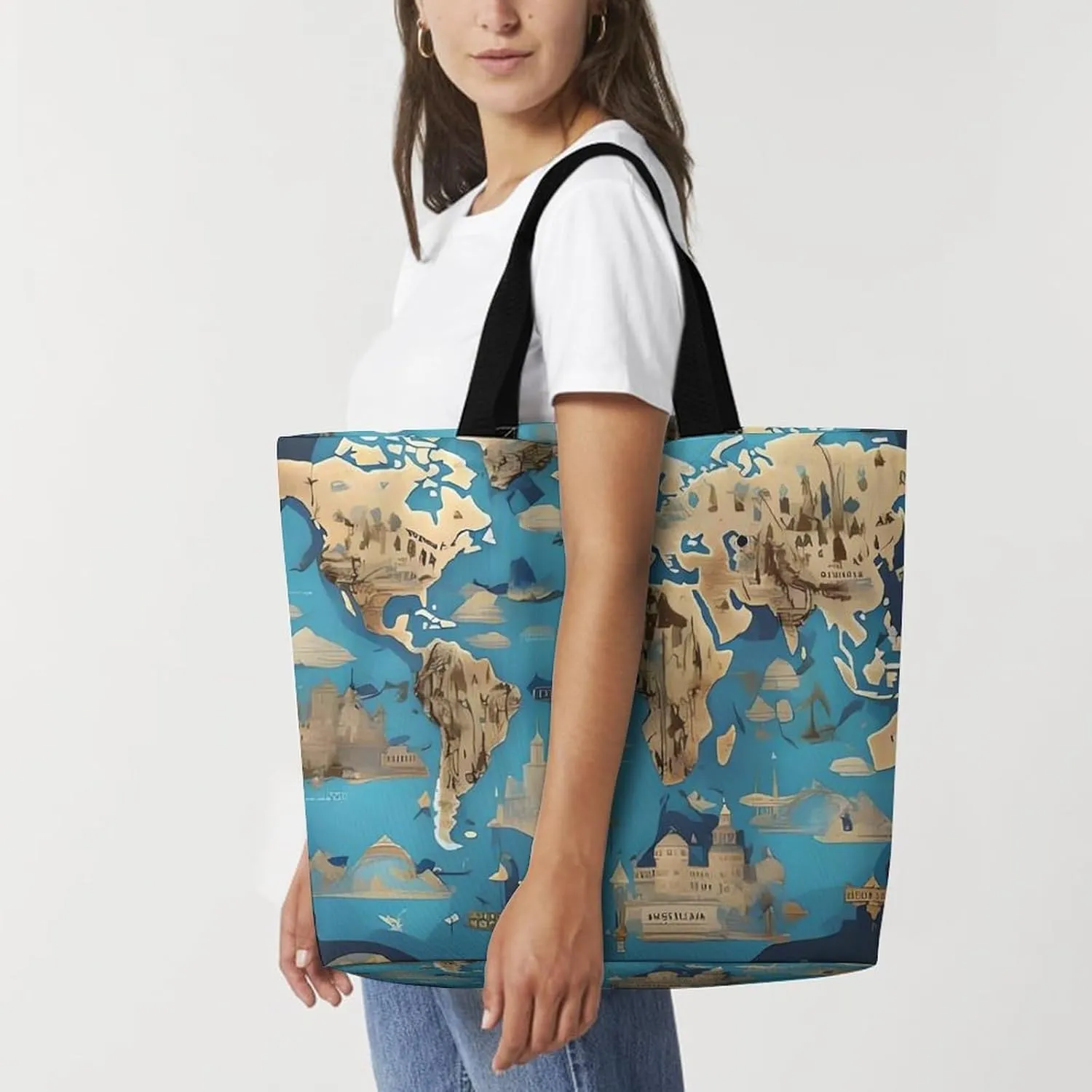 Reusable Shopping Bags World Map Pattern Grocery Bag Foldable Washable Tote Bag