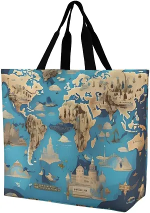 Reusable Shopping Bags World Map Pattern Grocery Bag Foldable Washable Tote Bag