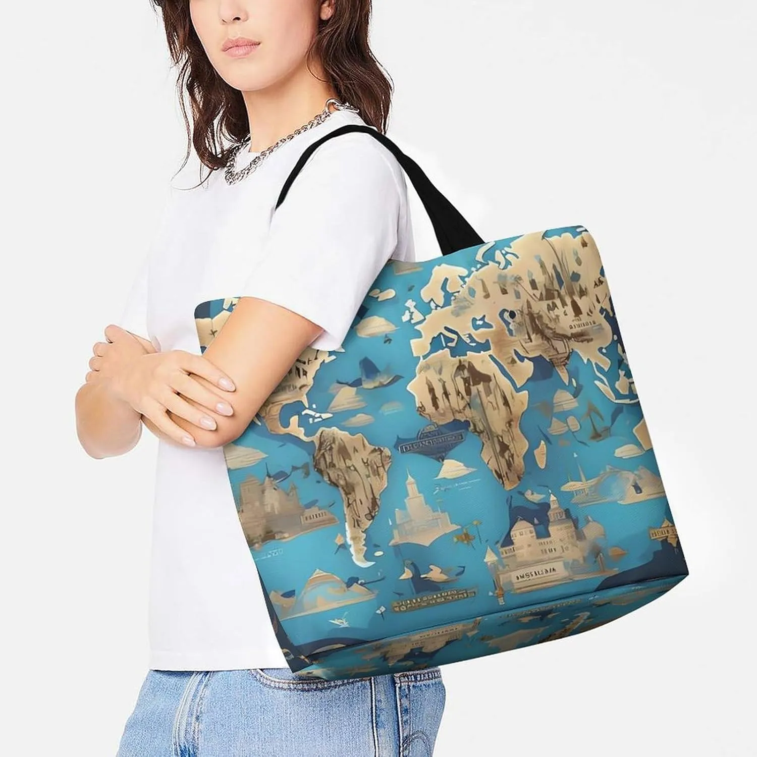 Reusable Shopping Bags World Map Pattern Grocery Bag Foldable Washable Tote Bag