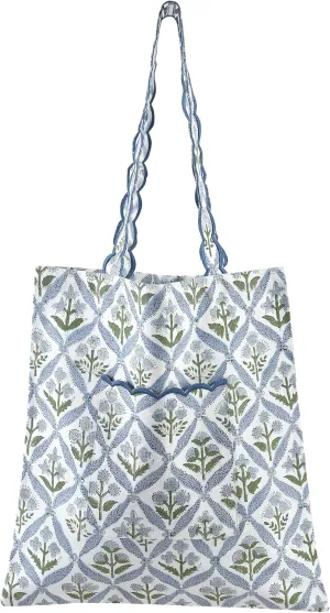 Ridhi Steel blue Floral Hand Block Print Canvas Grocery Bags Bulk 15X16 inch, Reusable Shopping Bags Foldable for Groceries, Vegetables, Fruits Watertight Bulk Tote Bags Washable For Women Men