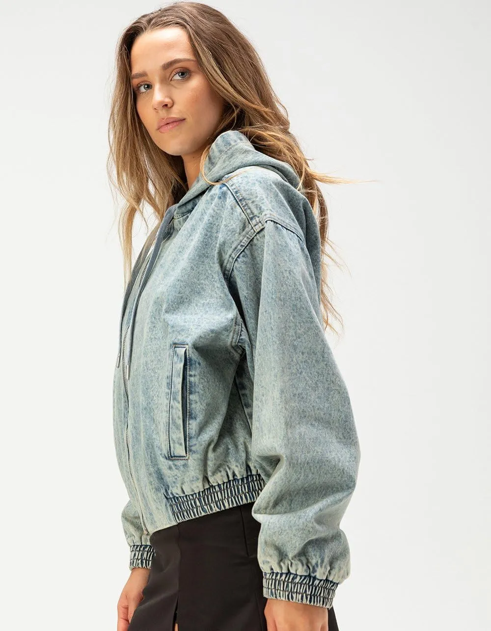 Rsq Womens Denim Hooded Crop Jacket