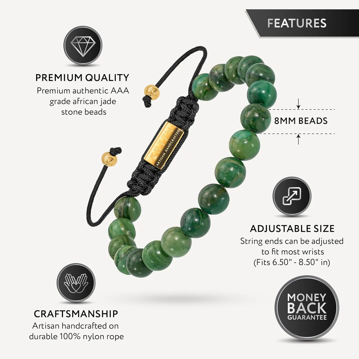 RTZN® Jade Bracelet for Men – Premium Artisan Handcrafted Authentic Dark Green Jade Bracelet (Bali)
