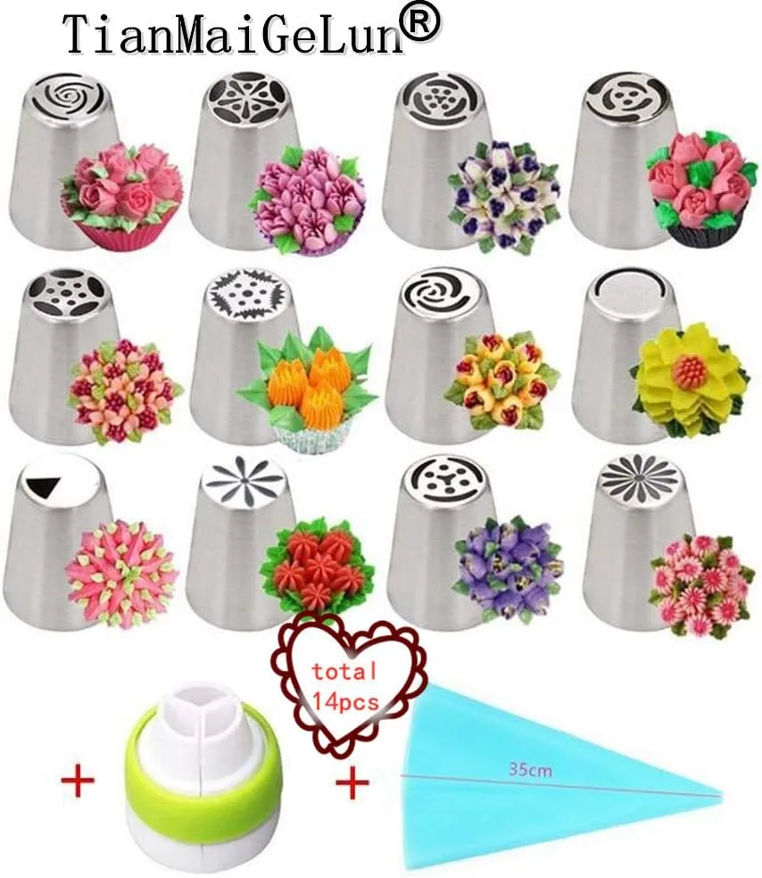 Russian Piping Tips Set, 14pcs Cake Cupcake Decorating Supplies Kit, Tulip Icing Nozzles Flowers Shaped, Frosting Bags and Tips Baking Supplies (1)