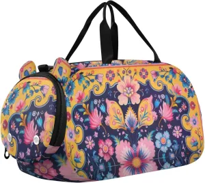 Russian Traditional Pattern Duffle Bag for Girl, Sports Duffle Gym Bags with Shoe Compartment, Personalized Overnight Bag Travel Weekender for Kids