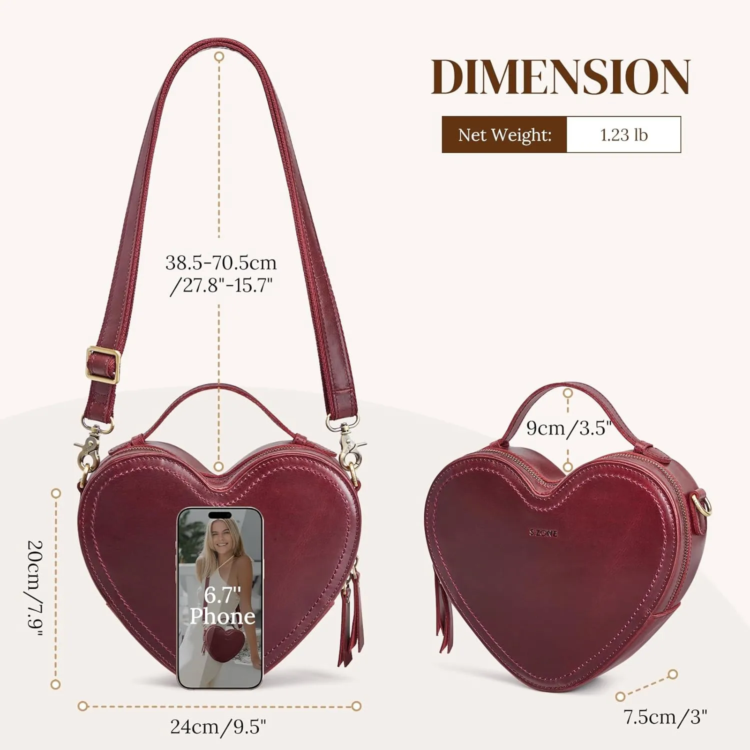 S-ZONE Leather Crossbody Bags for Women Heart Shaped Purse Small Designer Fashion Handbag with Adjustable Strap