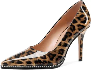 SAMMITOP Women Beaded Pumps Closed Pointed Toe High Heel Slip On Stilettos 3.5 Inch Sexy Heeled Dress Shoes Patent Leather