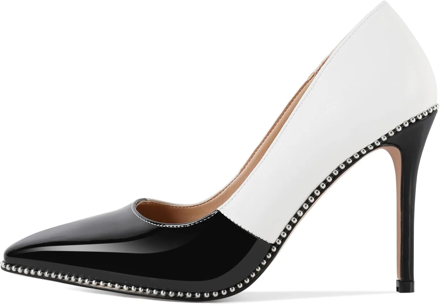 SAMMITOP Women Beaded Pumps Closed Pointed Toe High Heel Slip On Stilettos 3.5 Inch Sexy Heeled Dress Shoes Patent Leather