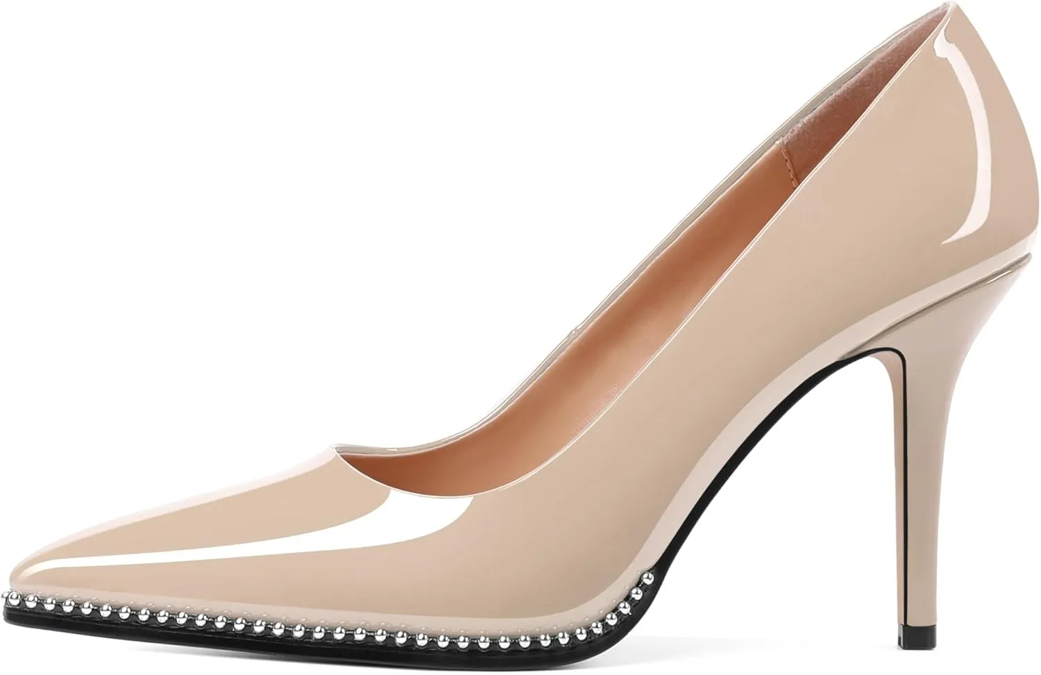 SAMMITOP Women Beaded Pumps Closed Pointed Toe High Heel Slip On Stilettos 3.5 Inch Sexy Heeled Dress Shoes Patent Leather