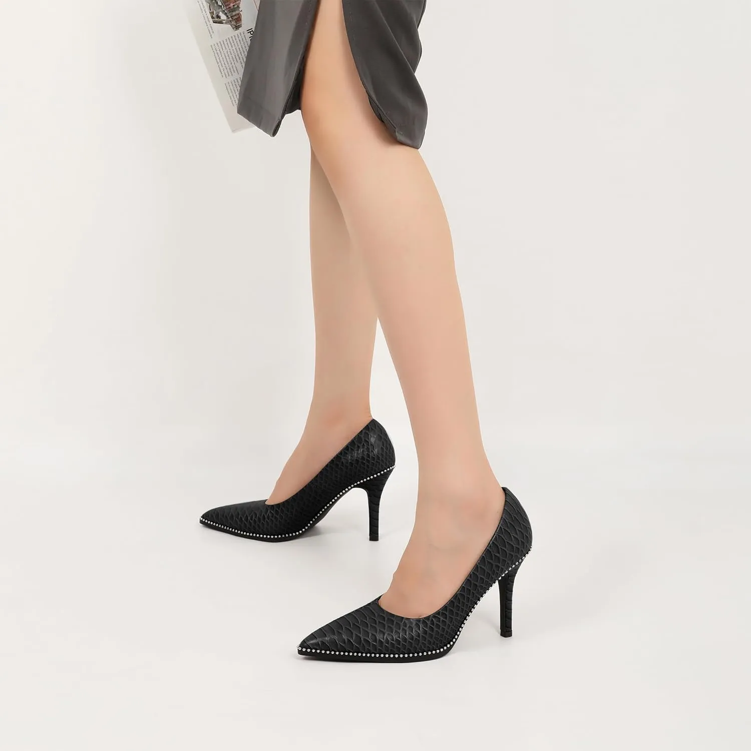 SAMMITOP Women Beaded Pumps Closed Pointed Toe High Heel Slip On Stilettos 3.5 Inch Sexy Heeled Dress Shoes Patent Leather
