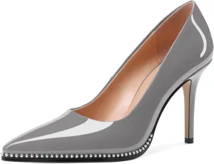 SAMMITOP Women Beaded Pumps Closed Pointed Toe High Heel Slip On Stilettos 3.5 Inch Sexy Heeled Dress Shoes Patent Leather
