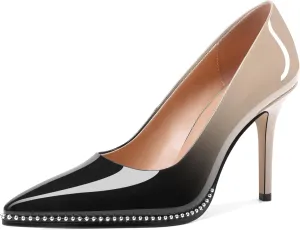 SAMMITOP Women Beaded Pumps Closed Pointed Toe High Heel Slip On Stilettos 3.5 Inch Sexy Heeled Dress Shoes Patent Leather