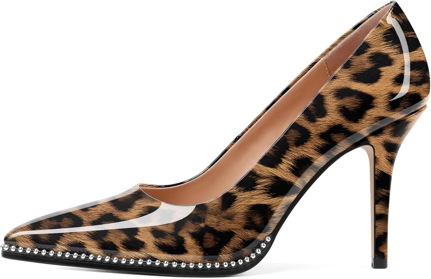 SAMMITOP Women Beaded Pumps Closed Pointed Toe High Heel Slip On Stilettos 3.5 Inch Sexy Heeled Dress Shoes Patent Leather