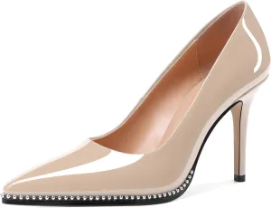 SAMMITOP Women Beaded Pumps Closed Pointed Toe High Heel Slip On Stilettos 3.5 Inch Sexy Heeled Dress Shoes Patent Leather