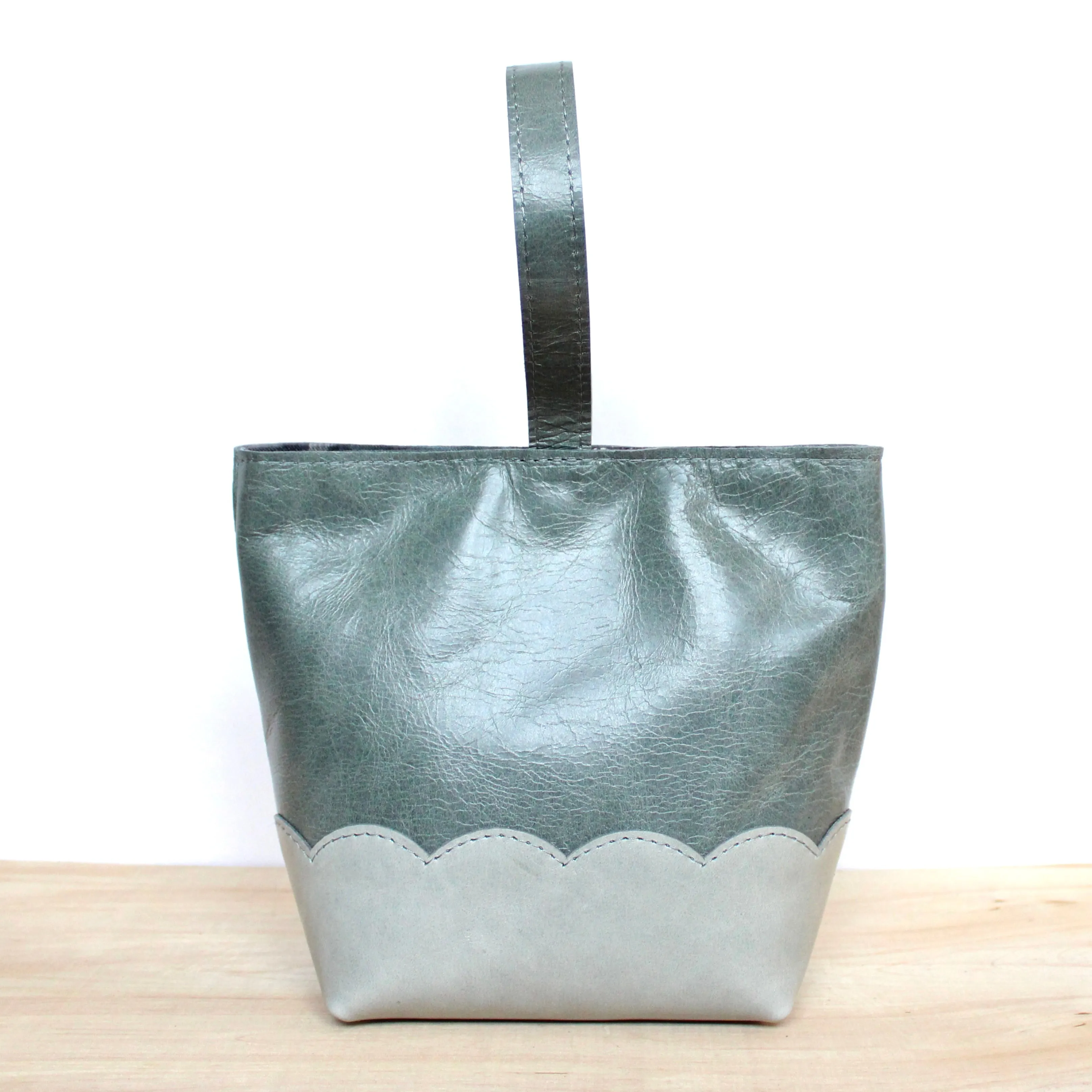 scalloped wristlet: mossy blue/dove grey