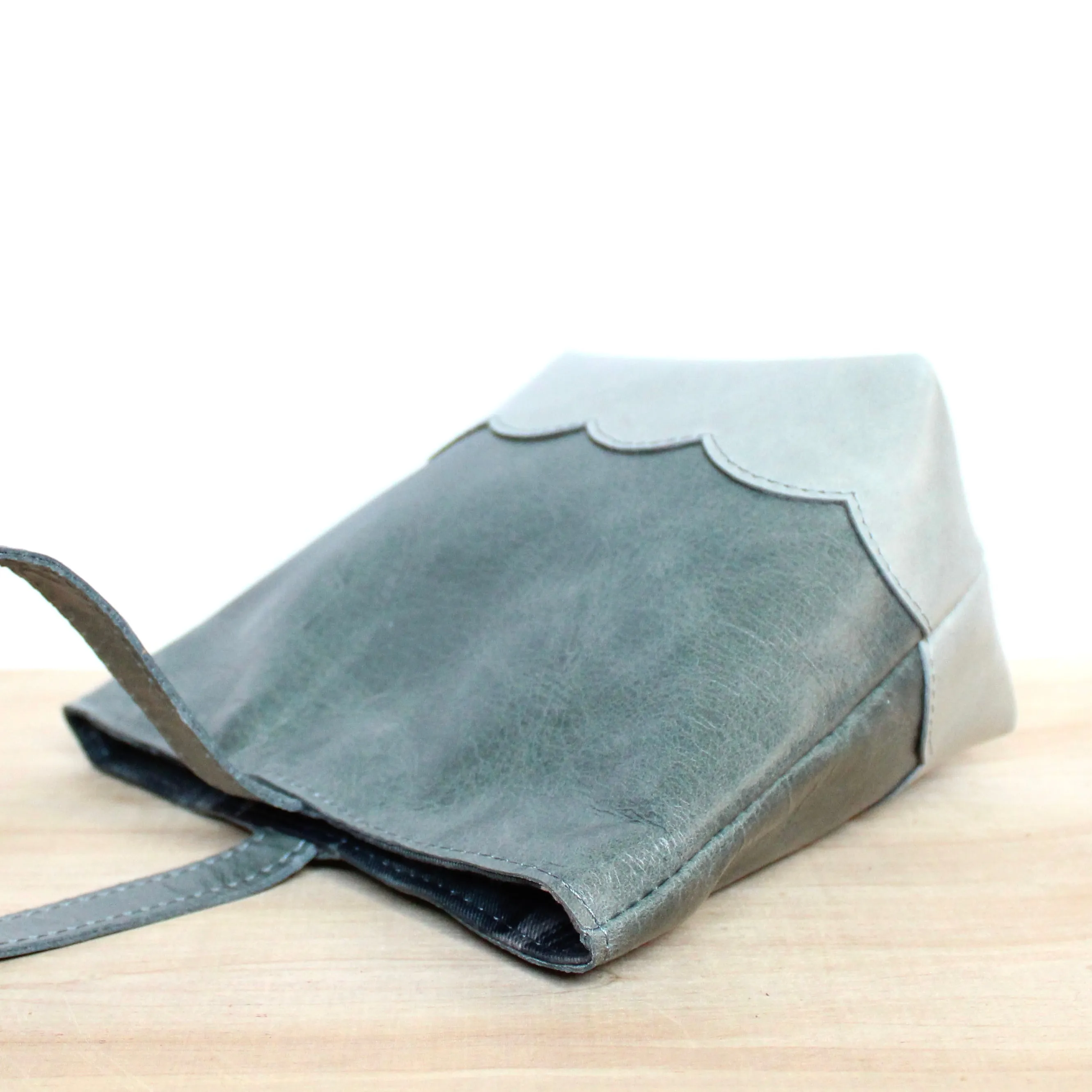 scalloped wristlet: mossy blue/dove grey