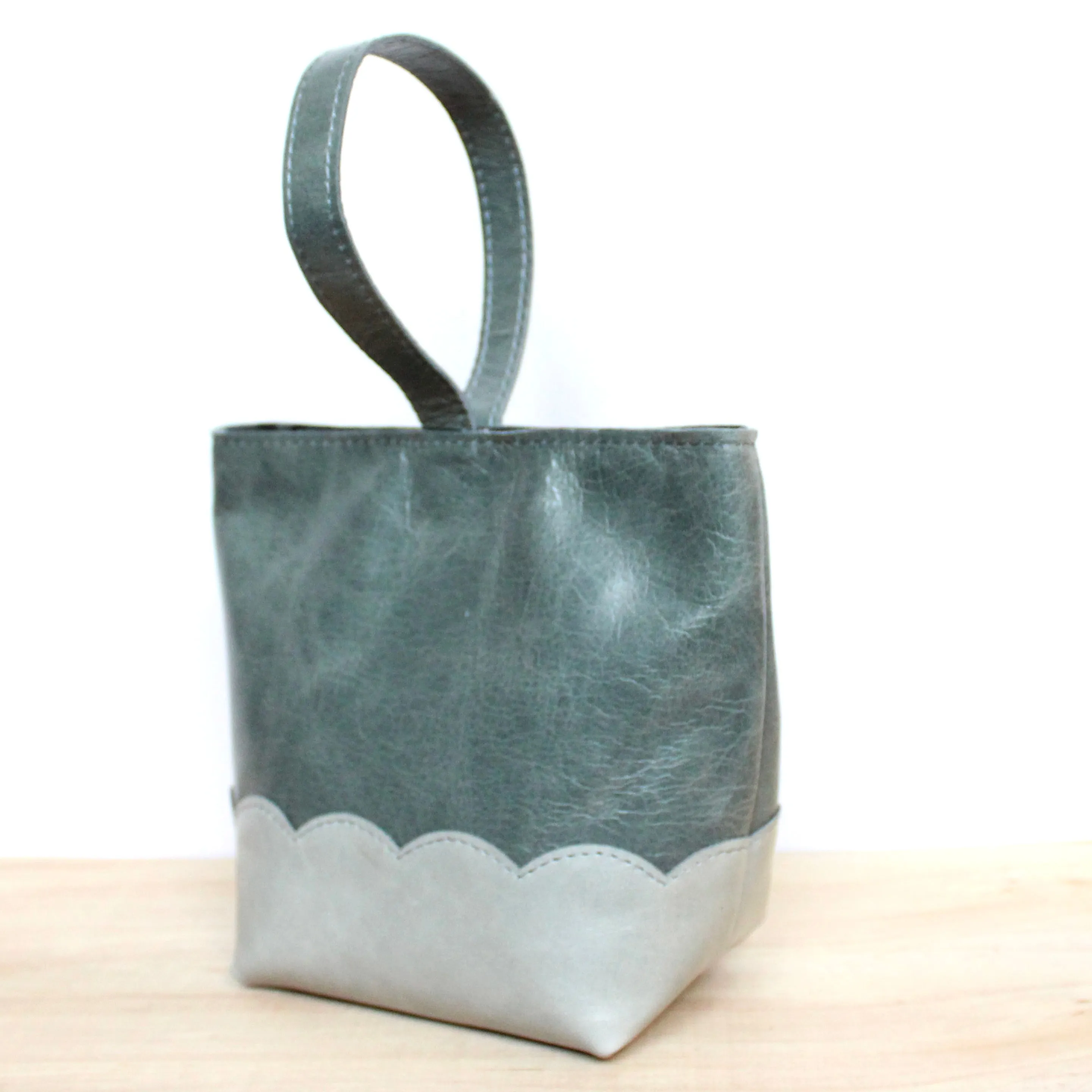 scalloped wristlet: mossy blue/dove grey