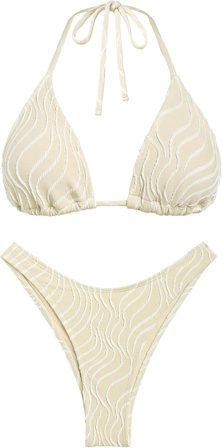 seamoly Women's Bikini Set Halter Two Piece Swimsuit Striped Tie Back High Cut Sexy Thong Bathing Suit