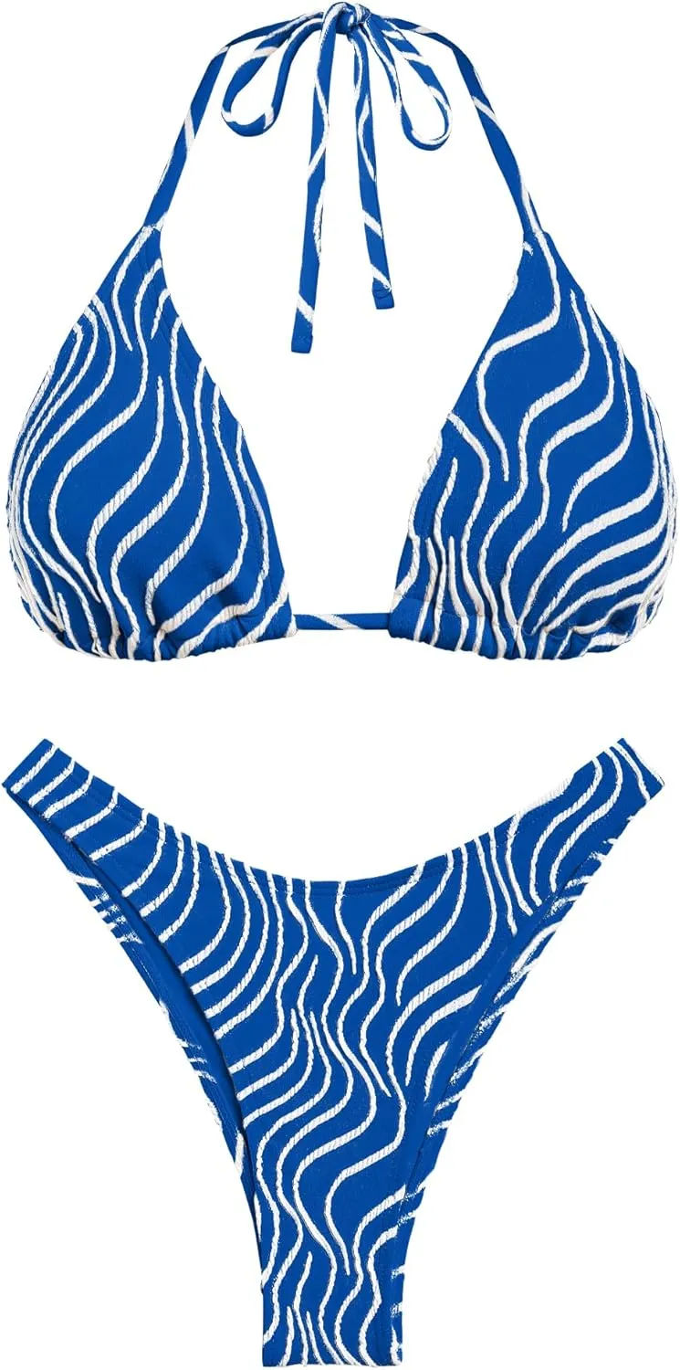 seamoly Women's Bikini Set Halter Two Piece Swimsuit Striped Tie Back High Cut Sexy Thong Bathing Suit