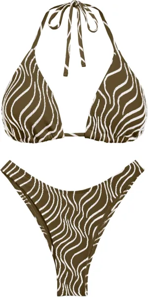seamoly Women's Bikini Set Halter Two Piece Swimsuit Striped Tie Back High Cut Sexy Thong Bathing Suit