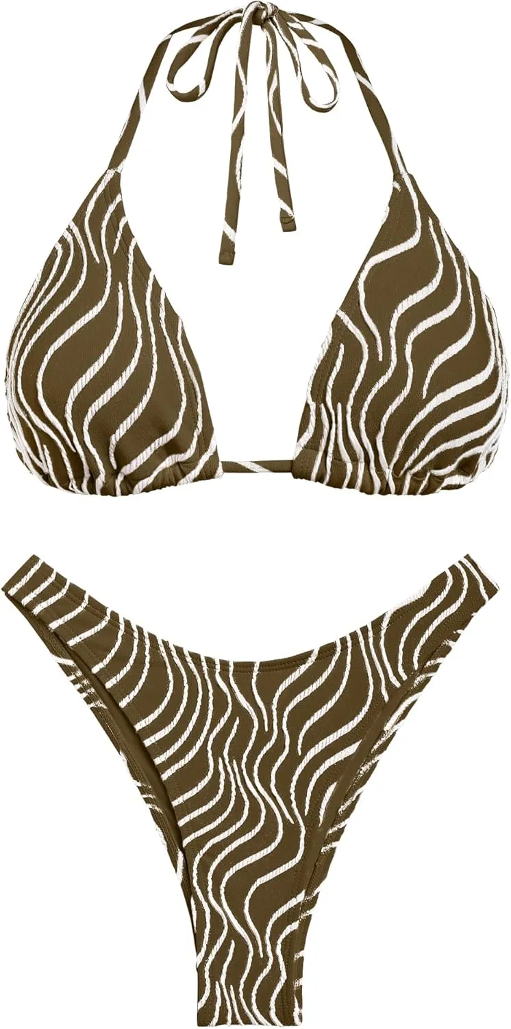 seamoly Women's Bikini Set Halter Two Piece Swimsuit Striped Tie Back High Cut Sexy Thong Bathing Suit