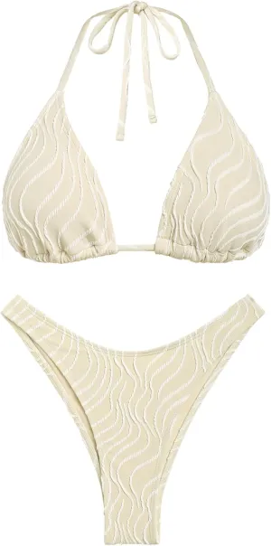 seamoly Women's Bikini Set Halter Two Piece Swimsuit Striped Tie Back High Cut Sexy Thong Bathing Suit