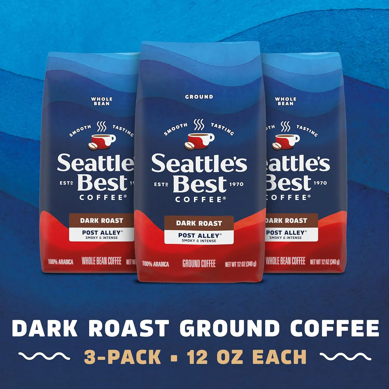 Seattle’s Best Coffee, Dark Roast Ground Coffee, Post Alley, 100% Arabica, 3 Bags (12 oz Each)