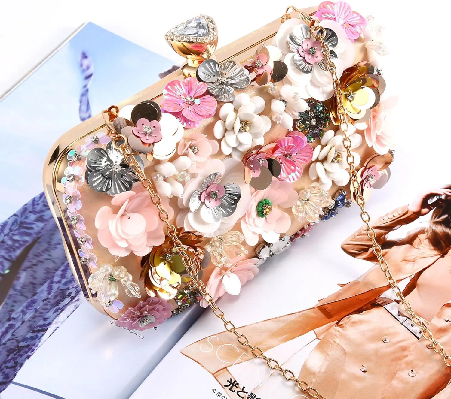 Selighting Colorful Flower Clutch Purse for Women Formal Evening Bag Beaded Pearl Purse for Wedding Prom Party Handbags