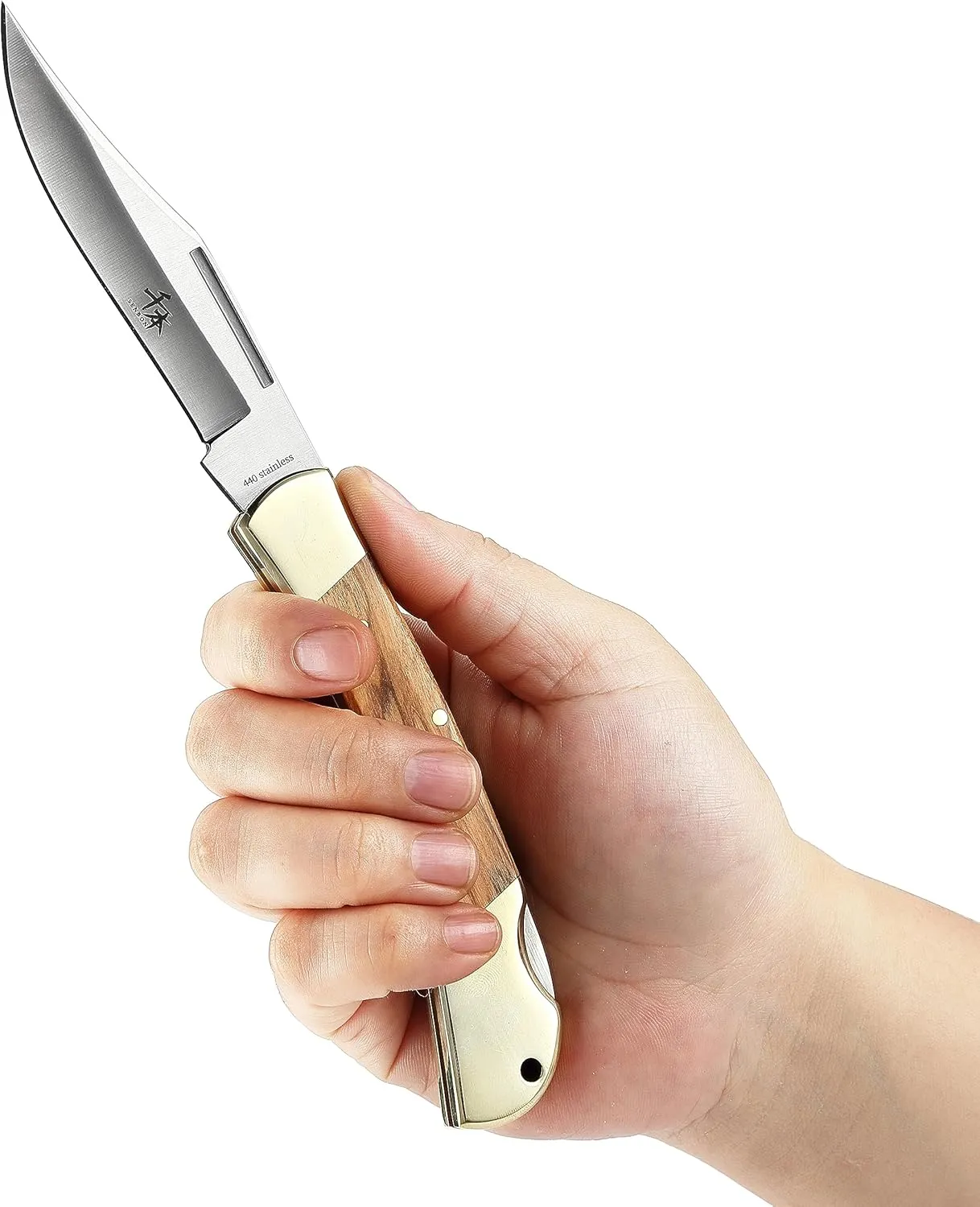 SENBON folding lock back knife 4in 440a sharp outdoor knife sand Olive wood copper handle with Leather Sheath