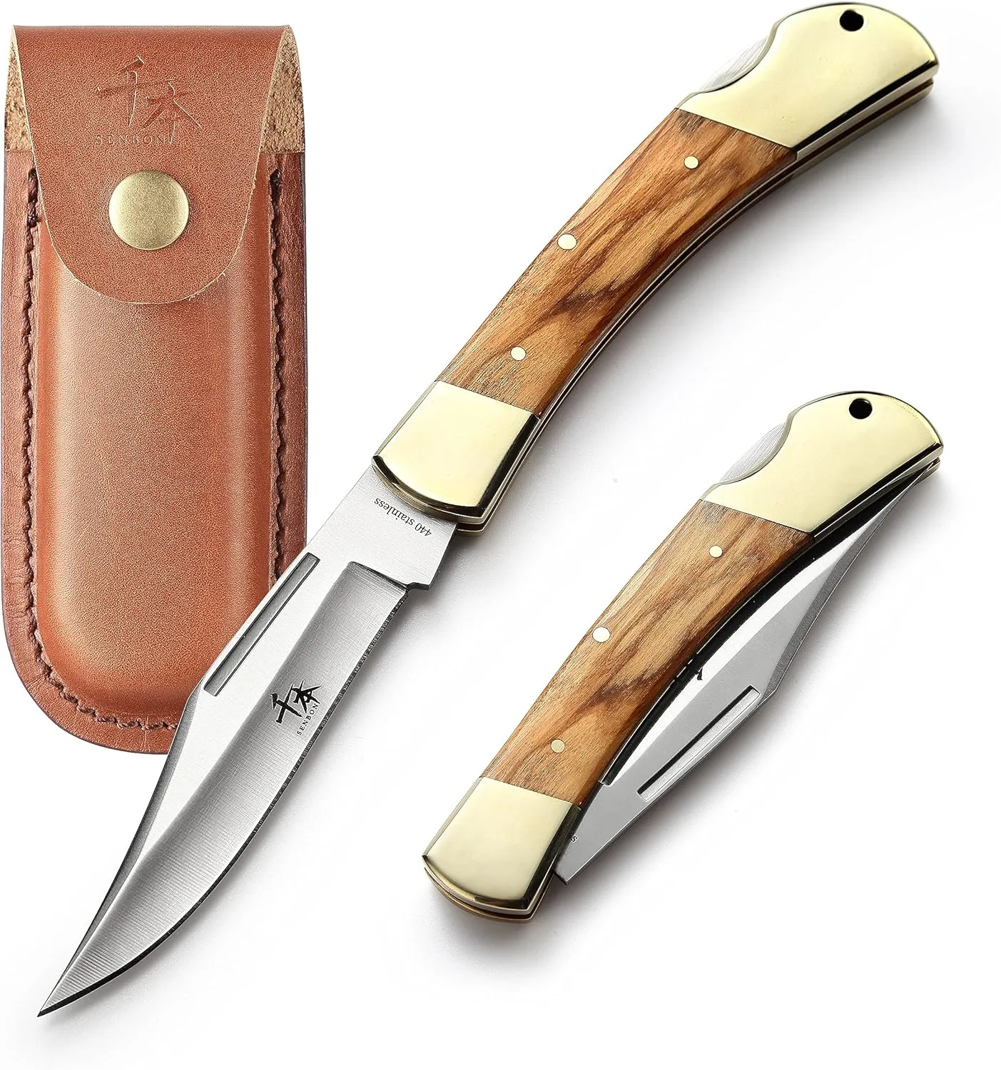 SENBON folding lock back knife 4in 440a sharp outdoor knife sand Olive wood copper handle with Leather Sheath