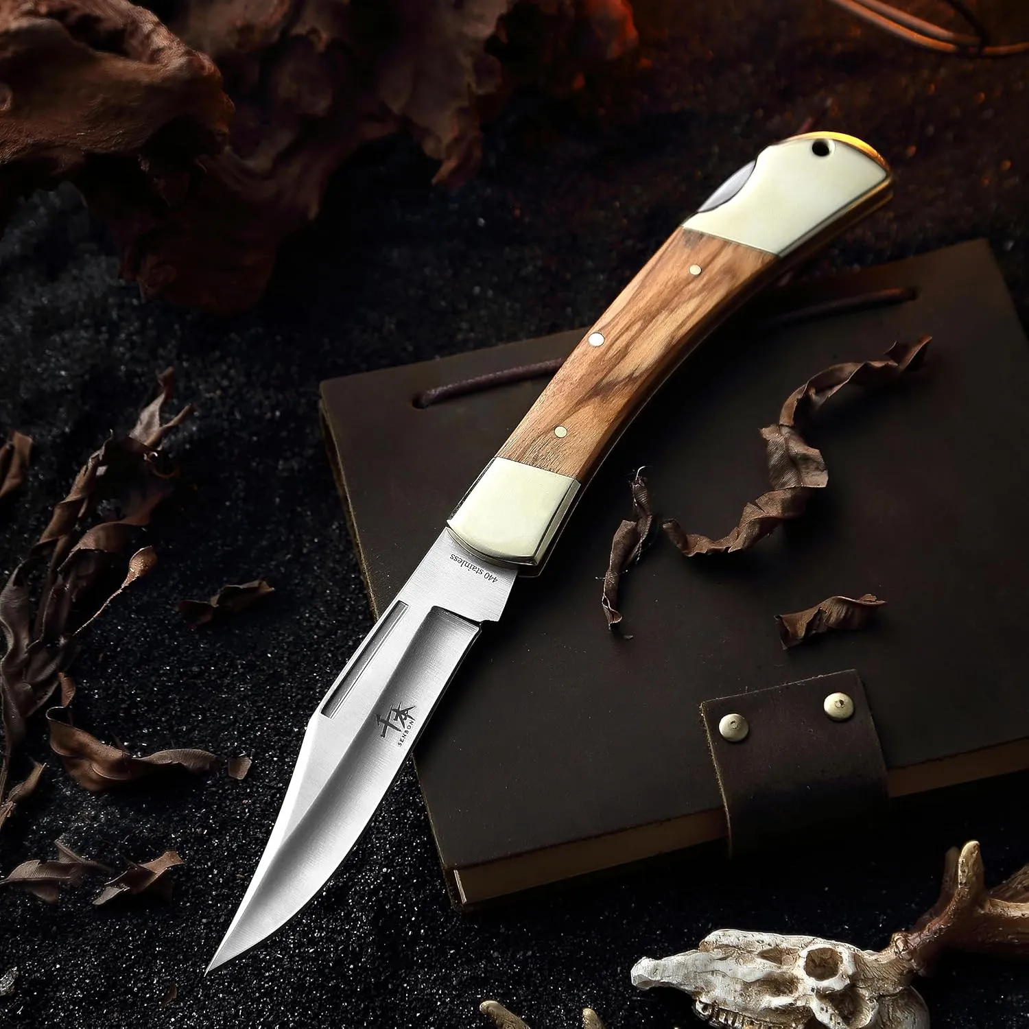 SENBON folding lock back knife 4in 440a sharp outdoor knife sand Olive wood copper handle with Leather Sheath