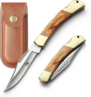 SENBON folding lock back knife 4in 440a sharp outdoor knife sand Olive wood copper handle with Leather Sheath