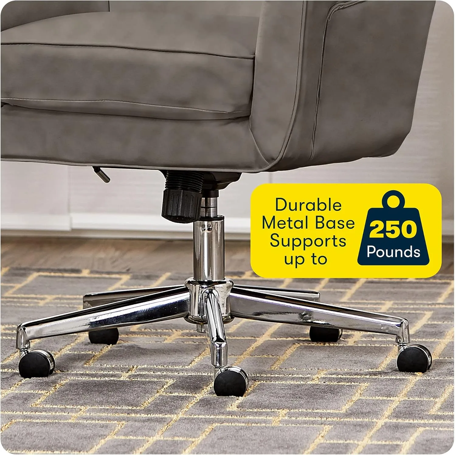 Serta Ashland Home Office Desk Chair with Button Tufted Back, Memory Foam Cushion and Padded Arms, Mid Century Modern Vanity Armchair with Wheels for Bedroom, Chrome Metal Base, Gray