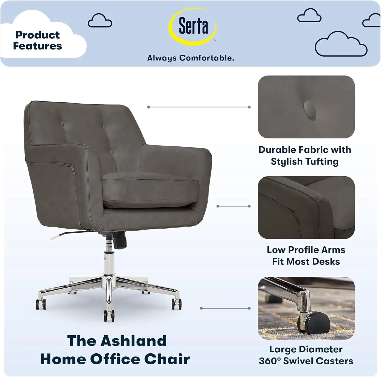 Serta Ashland Home Office Desk Chair with Button Tufted Back, Memory Foam Cushion and Padded Arms, Mid Century Modern Vanity Armchair with Wheels for Bedroom, Chrome Metal Base, Gray
