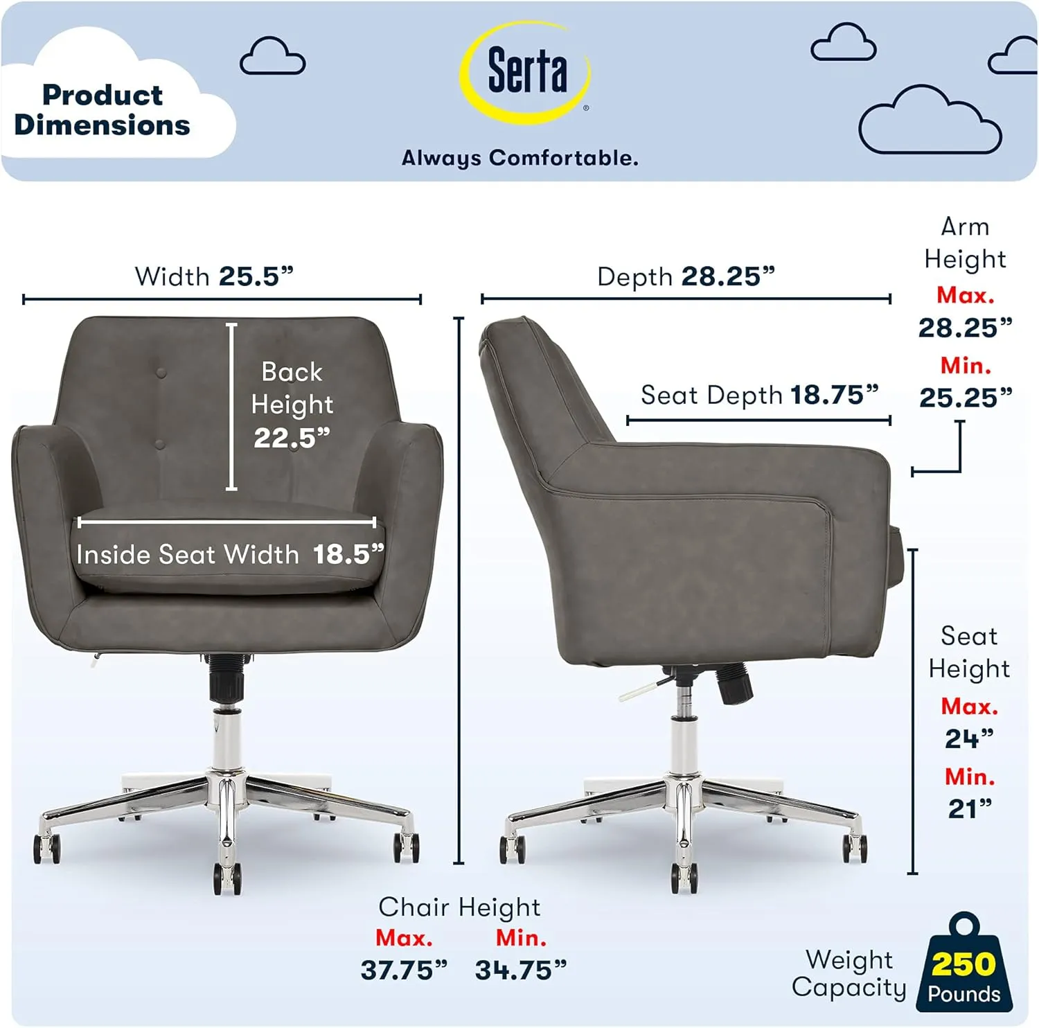Serta Ashland Home Office Desk Chair with Button Tufted Back, Memory Foam Cushion and Padded Arms, Mid Century Modern Vanity Armchair with Wheels for Bedroom, Chrome Metal Base, Gray
