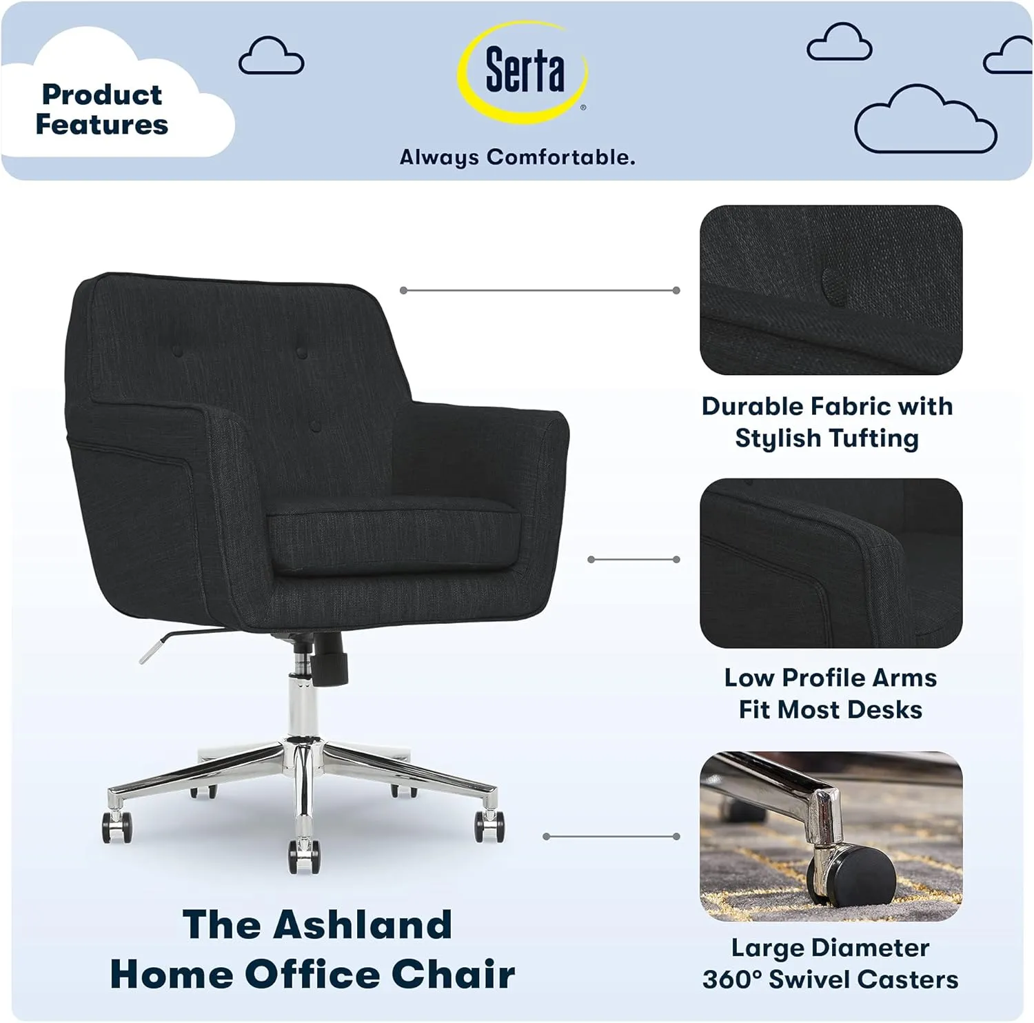 Serta Ashland Home Office Desk Chair with Button Tufted Mid-Back, Memory Foam Cushion and Padded Arms, Mid Century Modern Vanity Armchair with Wheels for Bedroom, Chrome Metal Base, Charcoal Gray
