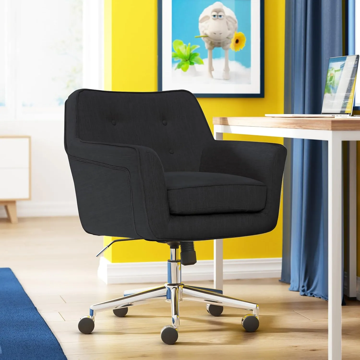 Serta Ashland Home Office Desk Chair with Button Tufted Mid-Back, Memory Foam Cushion and Padded Arms, Mid Century Modern Vanity Armchair with Wheels for Bedroom, Chrome Metal Base, Charcoal Gray