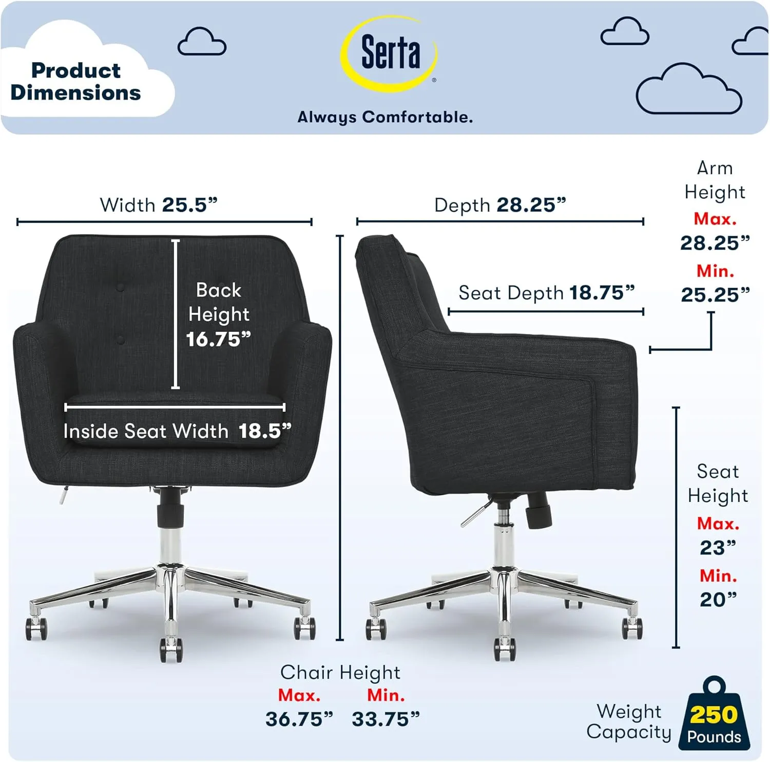 Serta Ashland Home Office Desk Chair with Button Tufted Mid-Back, Memory Foam Cushion and Padded Arms, Mid Century Modern Vanity Armchair with Wheels for Bedroom, Chrome Metal Base, Charcoal Gray