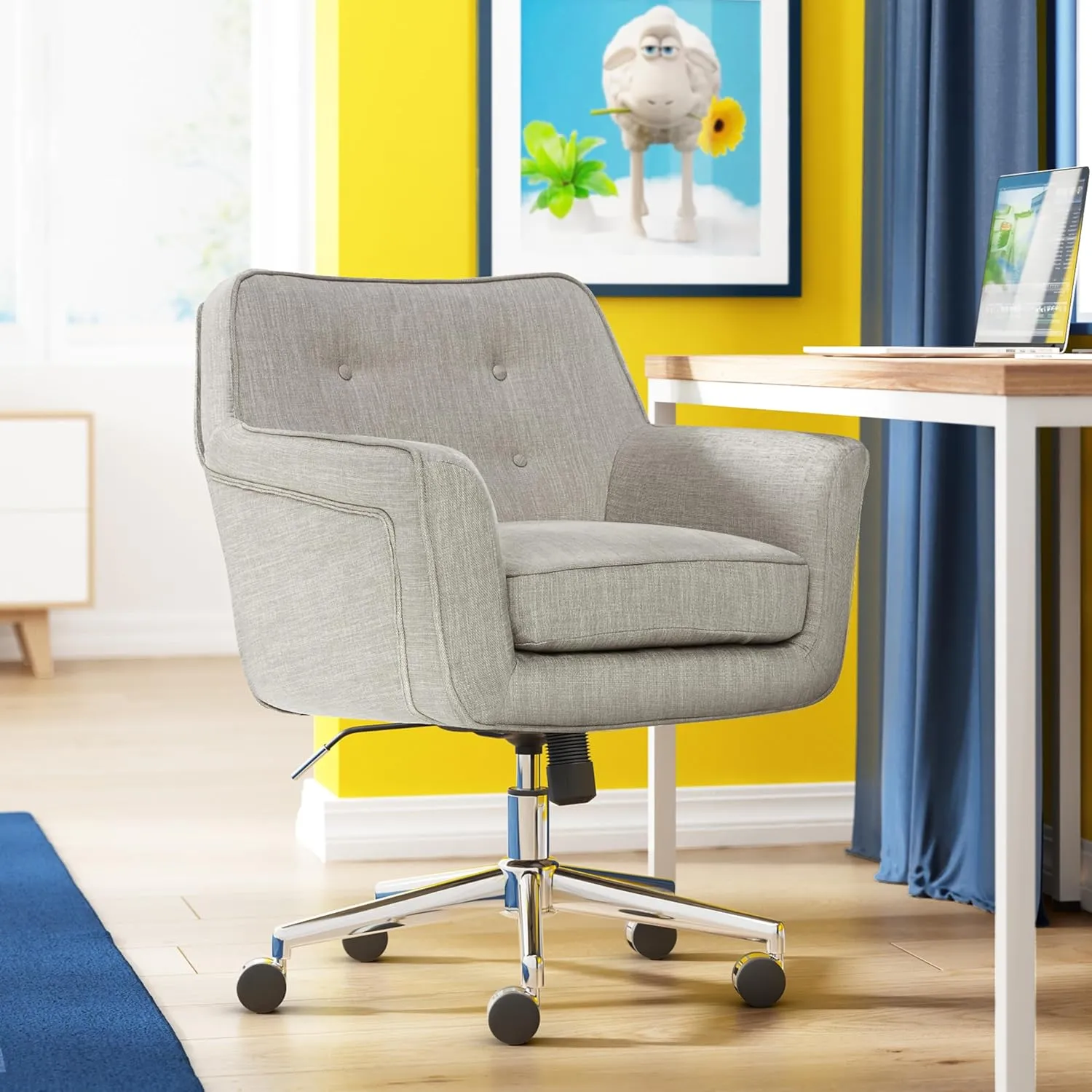 Serta Ashland Home Office Desk Chair with Button Tufted Mid-Back, Memory Foam Cushion and Padded Arms, Mid Century Modern Vanity Armchair with Wheels for Bedroom, Chrome Metal Base, Light Gray