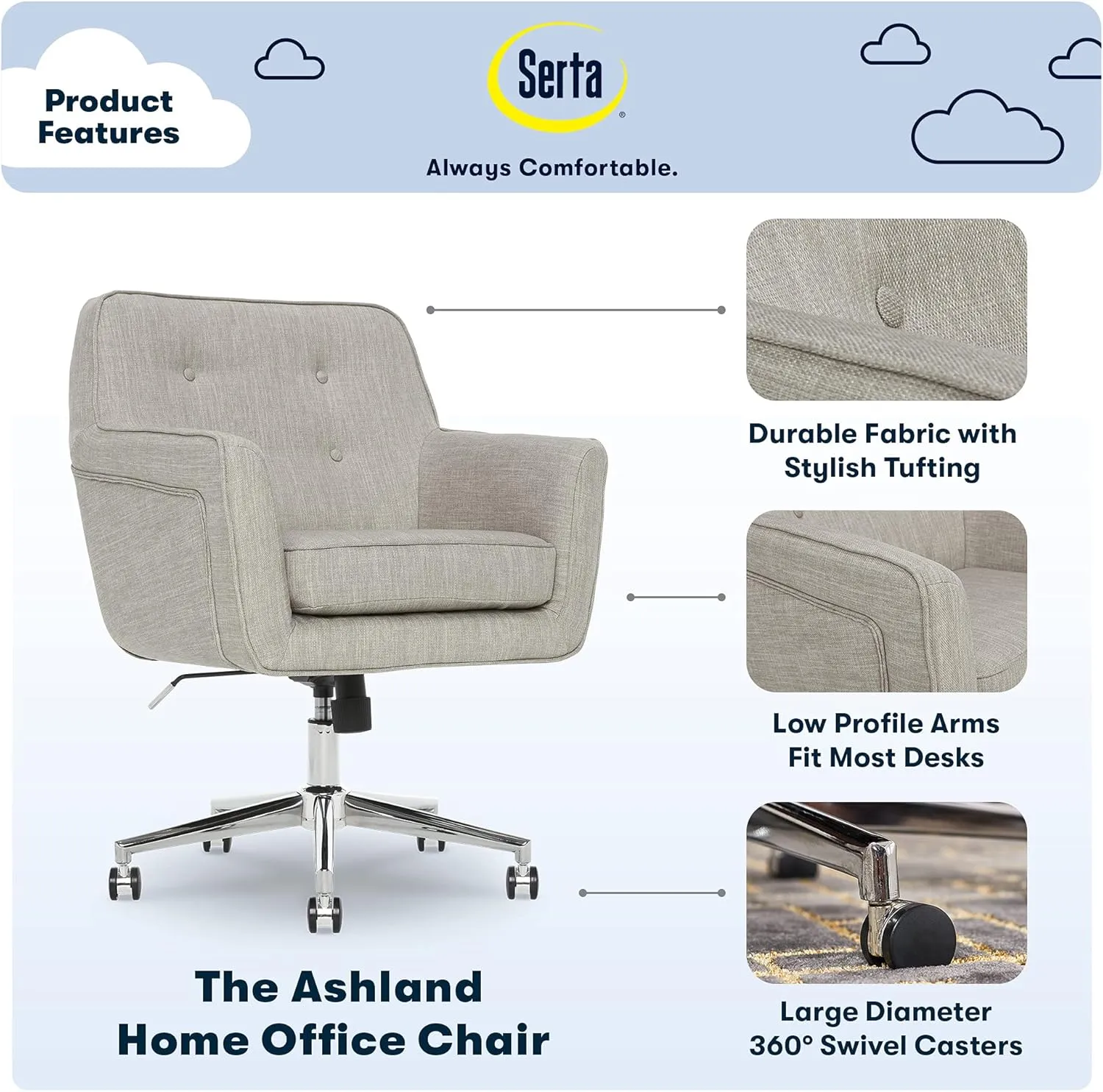 Serta Ashland Home Office Desk Chair with Button Tufted Mid-Back, Memory Foam Cushion and Padded Arms, Mid Century Modern Vanity Armchair with Wheels for Bedroom, Chrome Metal Base, Light Gray