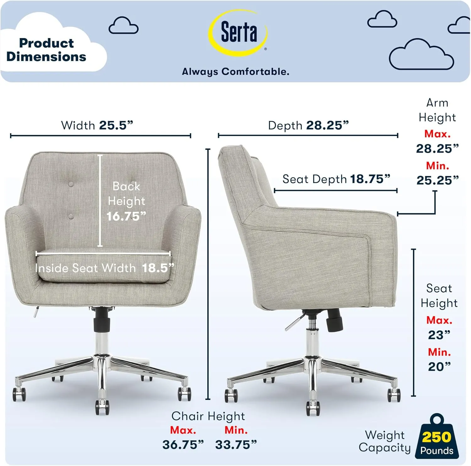 Serta Ashland Home Office Desk Chair with Button Tufted Mid-Back, Memory Foam Cushion and Padded Arms, Mid Century Modern Vanity Armchair with Wheels for Bedroom, Chrome Metal Base, Light Gray