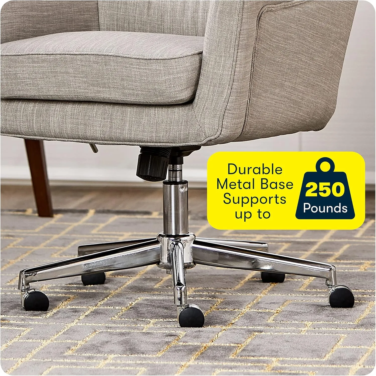 Serta Ashland Home Office Desk Chair with Button Tufted Mid-Back, Memory Foam Cushion and Padded Arms, Mid Century Modern Vanity Armchair with Wheels for Bedroom, Chrome Metal Base, Light Gray