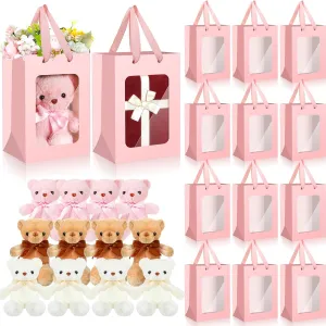 Shappy 12 Pack Cute Stuffed Bear Gift Bulk Plush Bear Animals Set with Paper Bags 12 Inch Soft Party Favors for Mother Mom Birthday Graduation Anniversary(Pink)