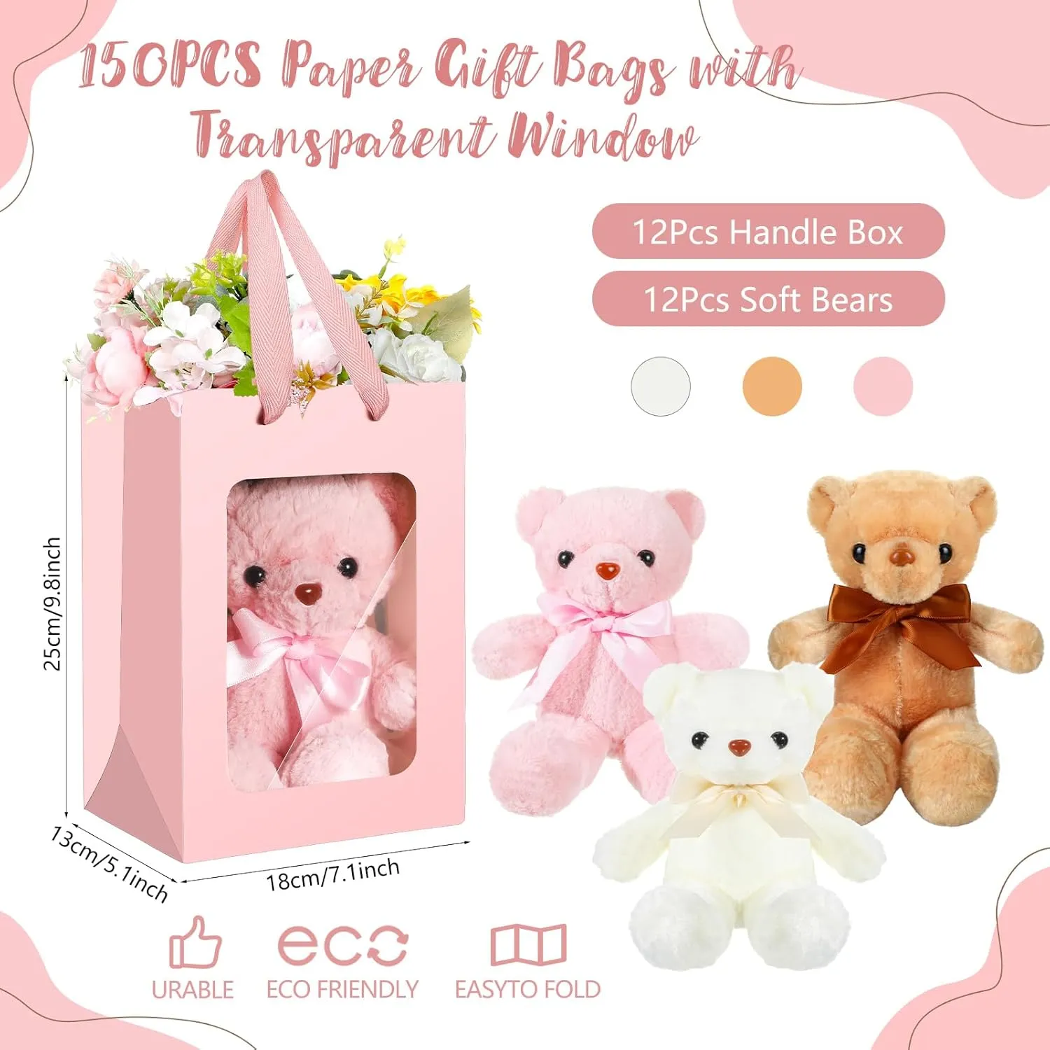 Shappy 12 Pack Cute Stuffed Bear Gift Bulk Plush Bear Animals Set with Paper Bags 12 Inch Soft Party Favors for Mother Mom Birthday Graduation Anniversary(Pink)