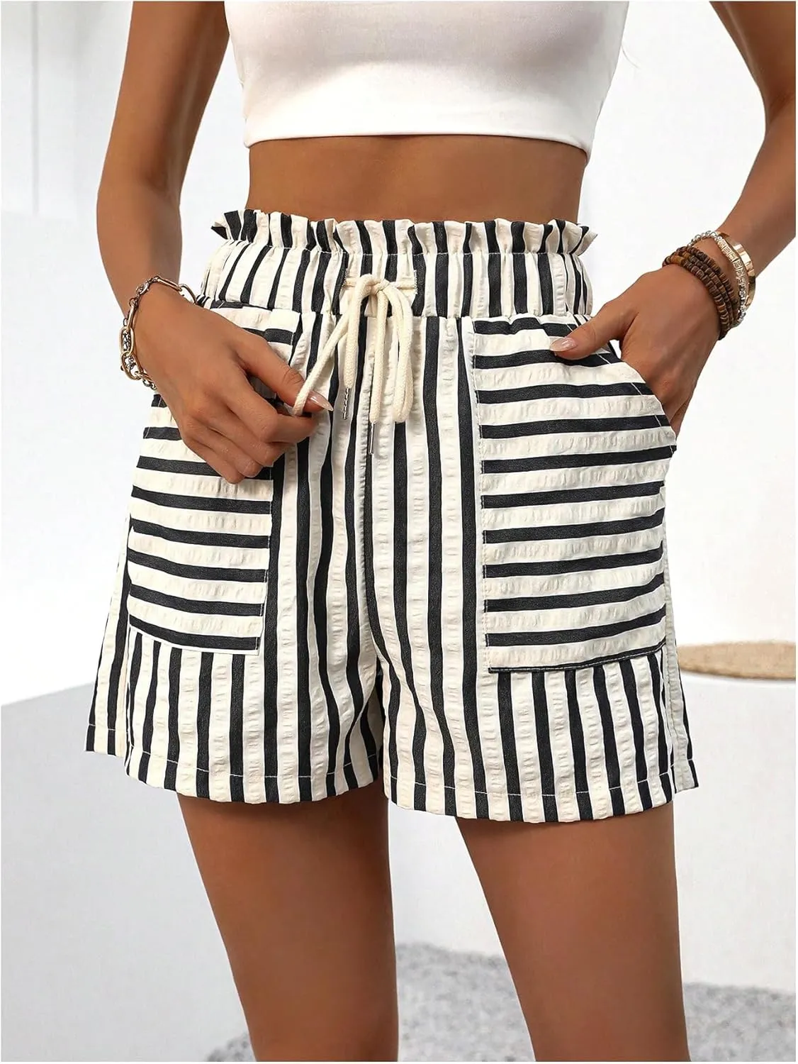 SHENHE Women's Striped Drawstring Paperbag Shorts High Waist Casual Shorts with Pockets