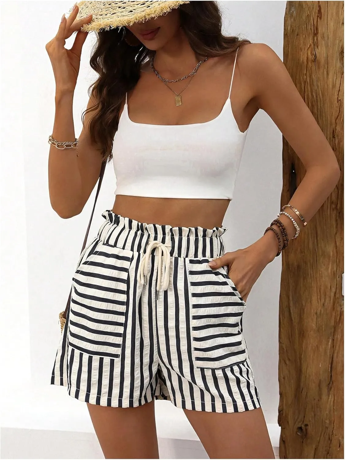 SHENHE Women's Striped Drawstring Paperbag Shorts High Waist Casual Shorts with Pockets