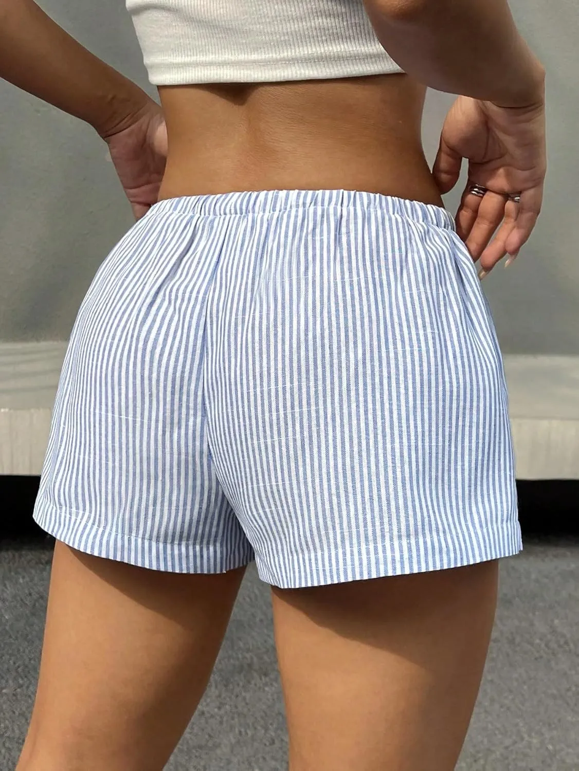 SHENHE Women's Striped Low Rise Shorts Drawstring Tie Button Front Summer Casual Mini Shorts