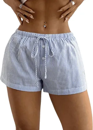 SHENHE Women's Striped Low Rise Shorts Drawstring Tie Button Front Summer Casual Mini Shorts
