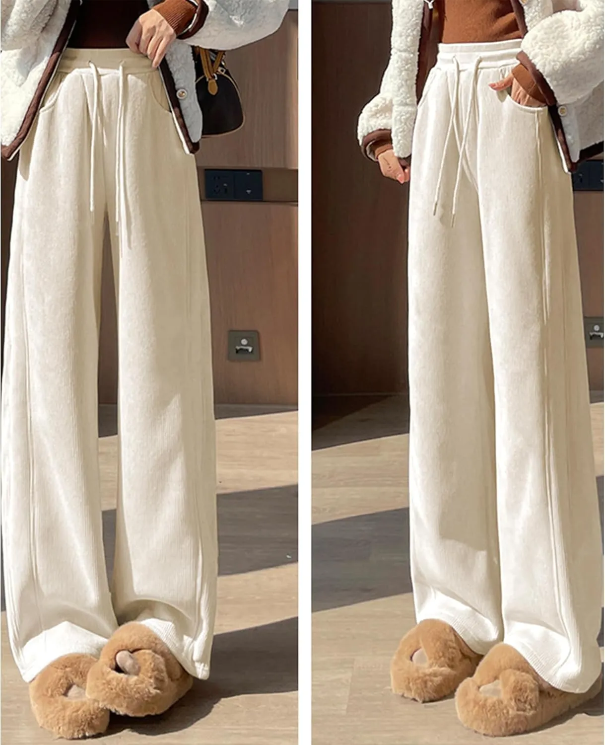 Sherpa Lined Sweatpants Women Drawstring Waistband Winter Warm Wide Leg Athletic Jogger Fleece Pants with Pockets