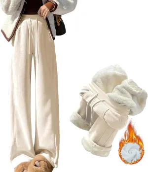 Sherpa Lined Sweatpants Women Drawstring Waistband Winter Warm Wide Leg Athletic Jogger Fleece Pants with Pockets